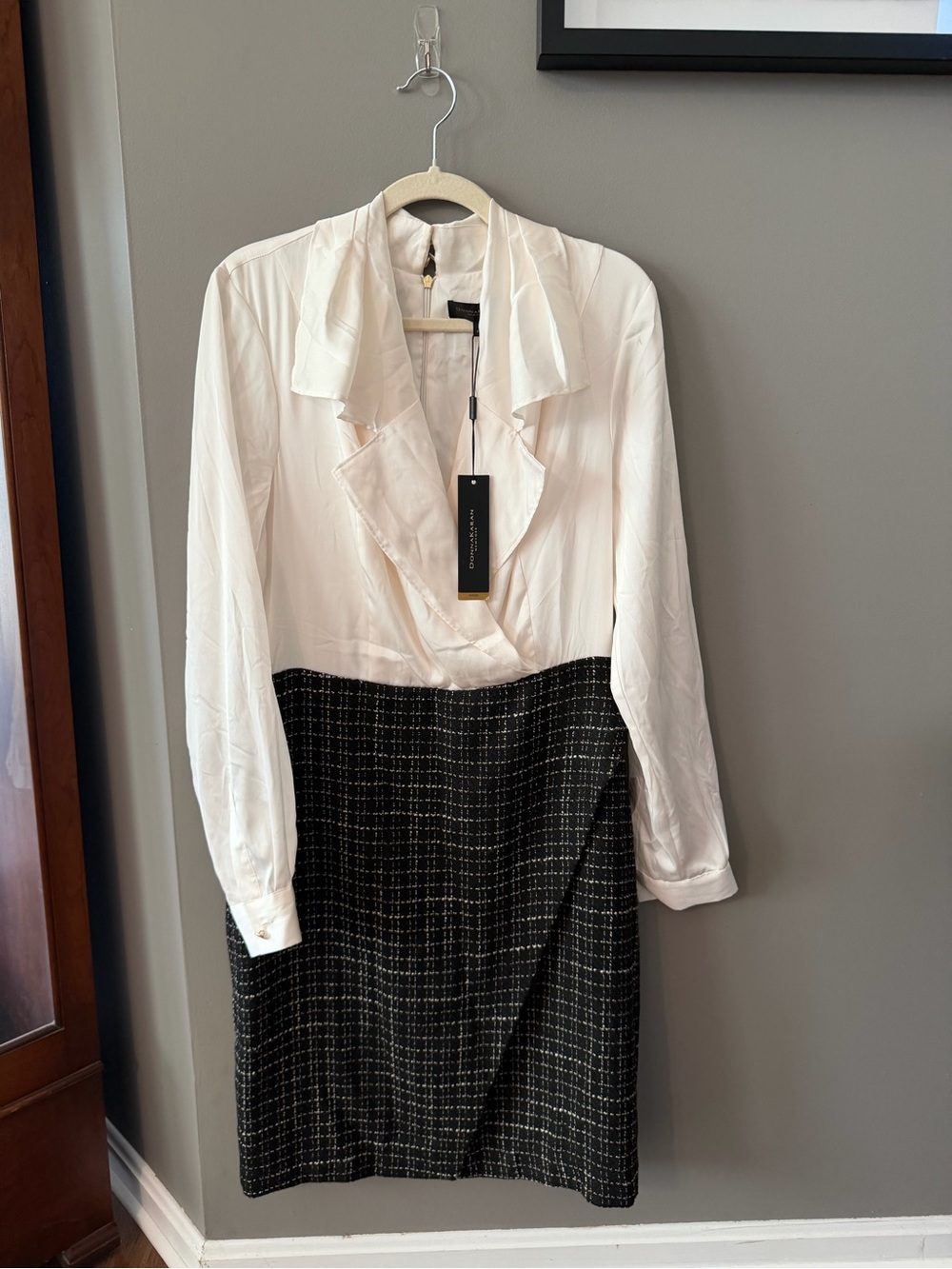 Donna Karan Ivory Blouse and Black Tweed Pencil Dress